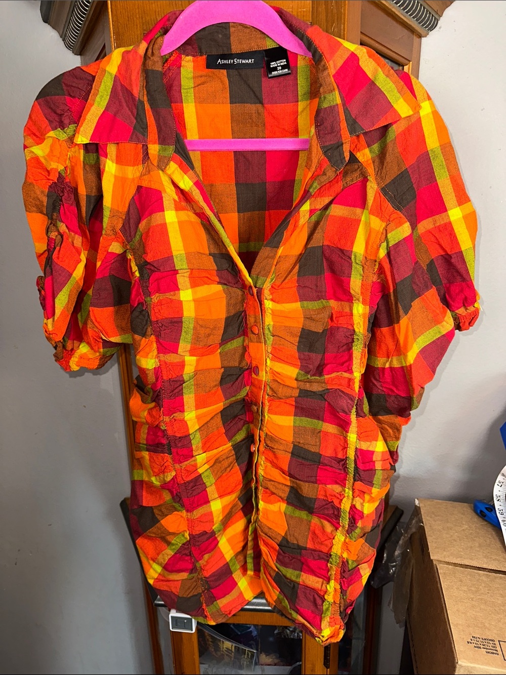 Ashley Stewart Bright Orange & Red Plaid Ruched Button-Down Shirt